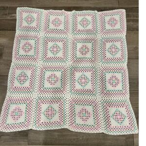 Handmade Crochet Granny Square Blanket Pastel Pink Mint Vintage Afghan 48x46